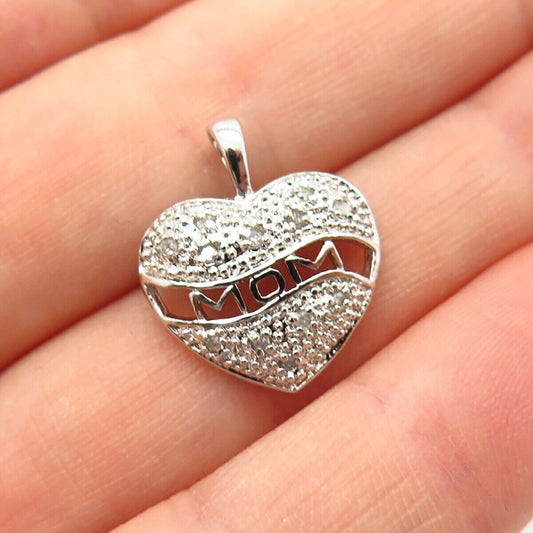 925 Sterling Silver Real Diamond "Mom" Heart Design Slide Pendant