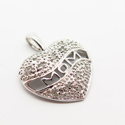 925 Sterling Silver Real Diamond "Mom" Heart Design Slide Pendant