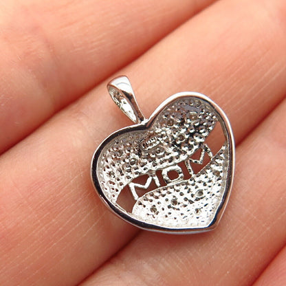 925 Sterling Silver Real Diamond "Mom" Heart Design Slide Pendant