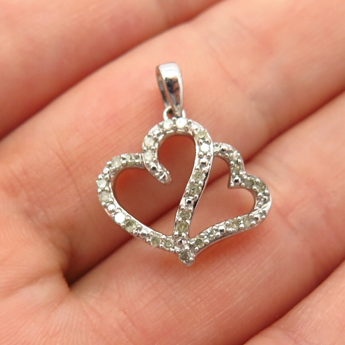 925 Sterling Silver Real Diamond Double Heart Design Pendant