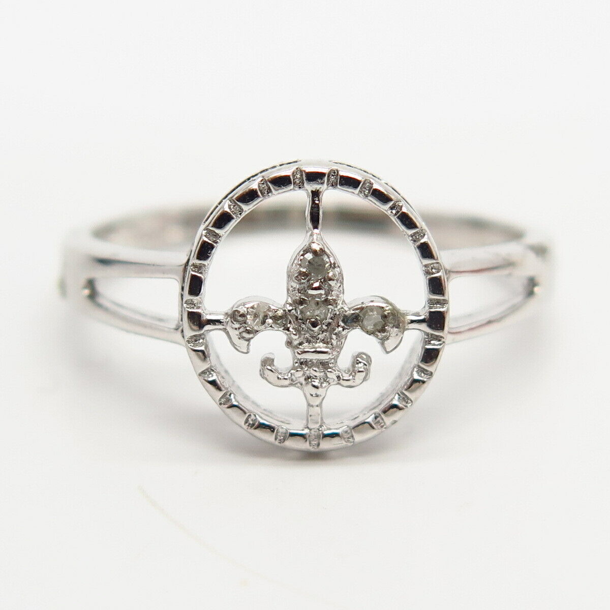 925 Sterling Silver Real Diamond Fleur-De-Lis Design Ring