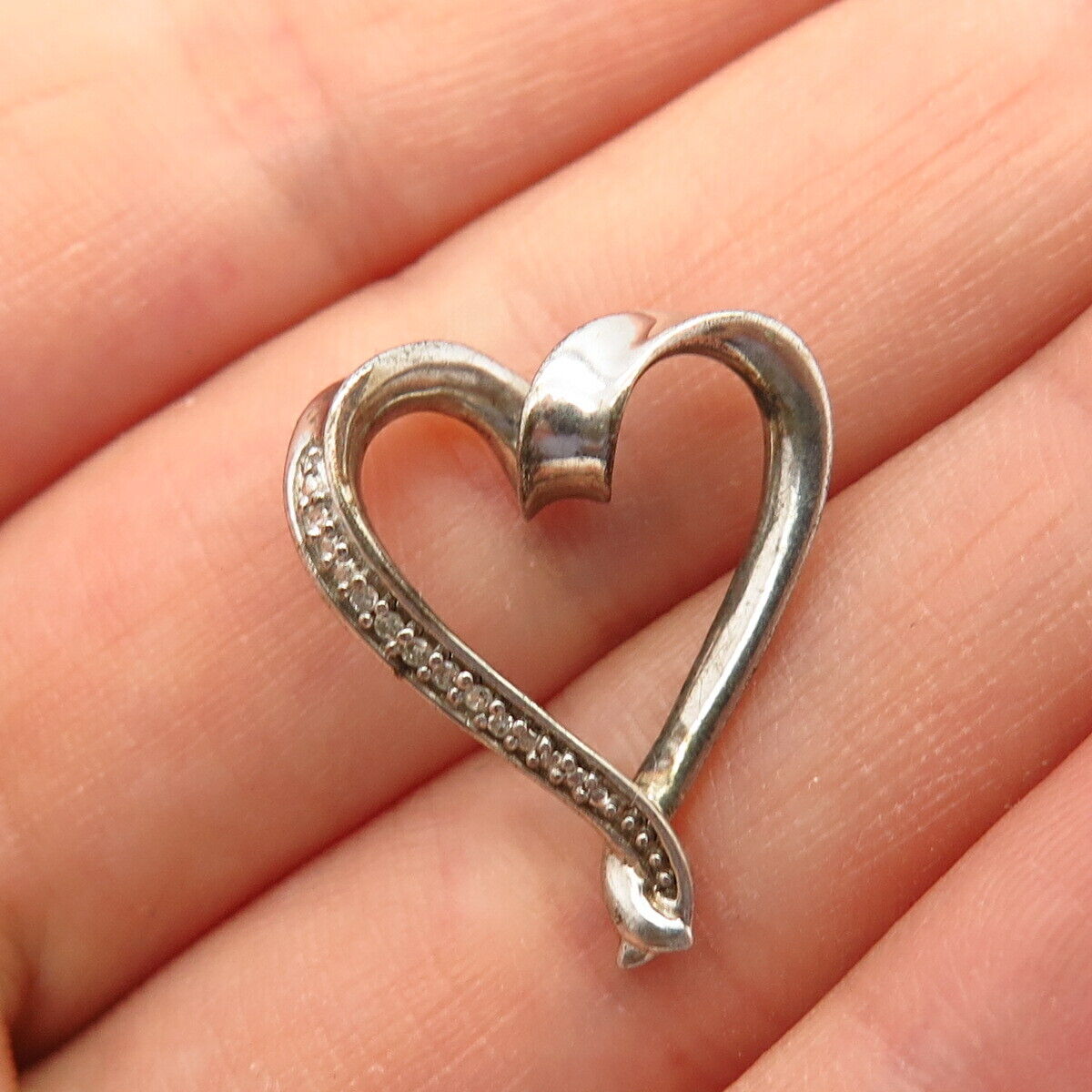 925 Sterling Silver Real Diamond Open Heart Design Slide Pendant