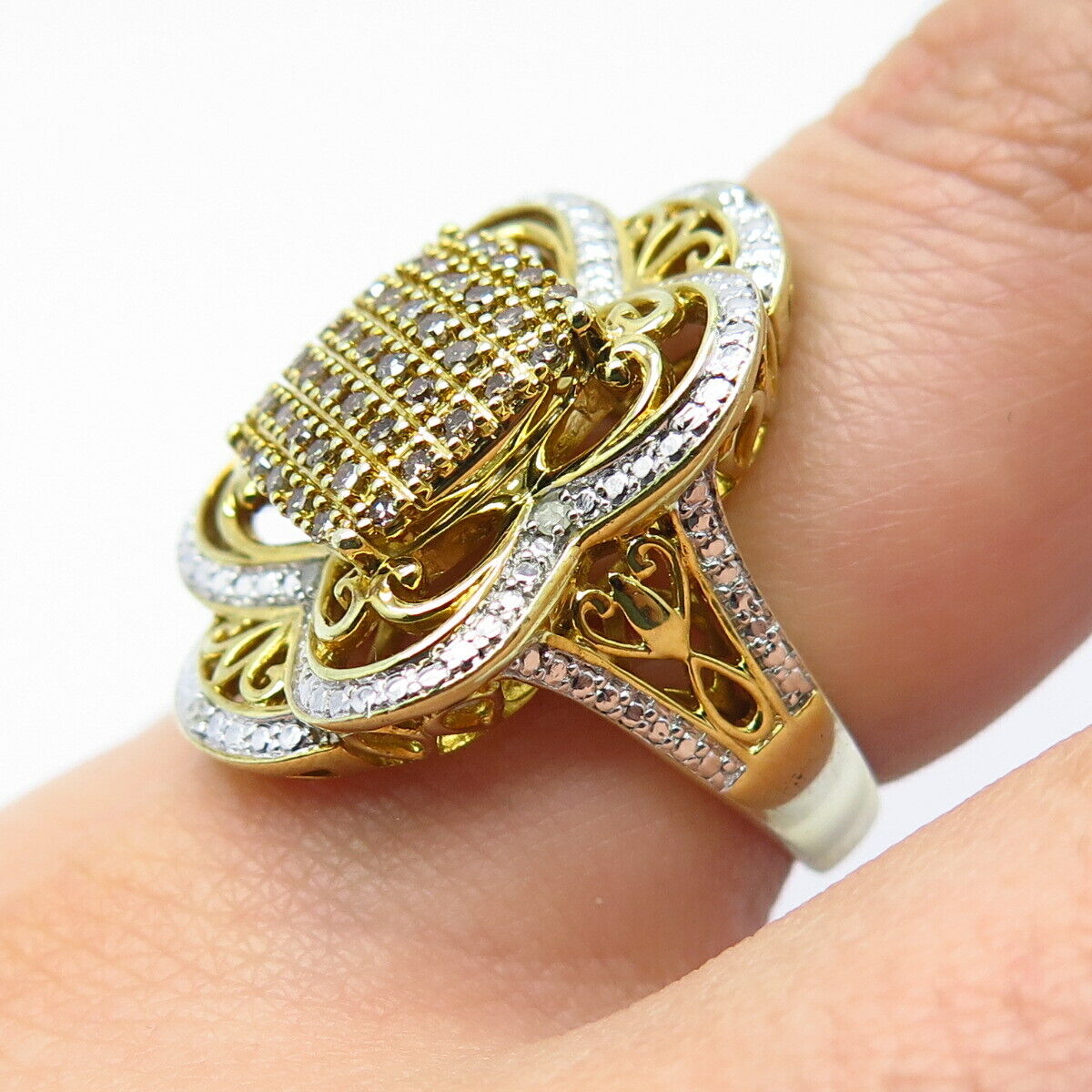 925 Sterling Silver Gold Plated Real White Diamond Wide Ring Size 7