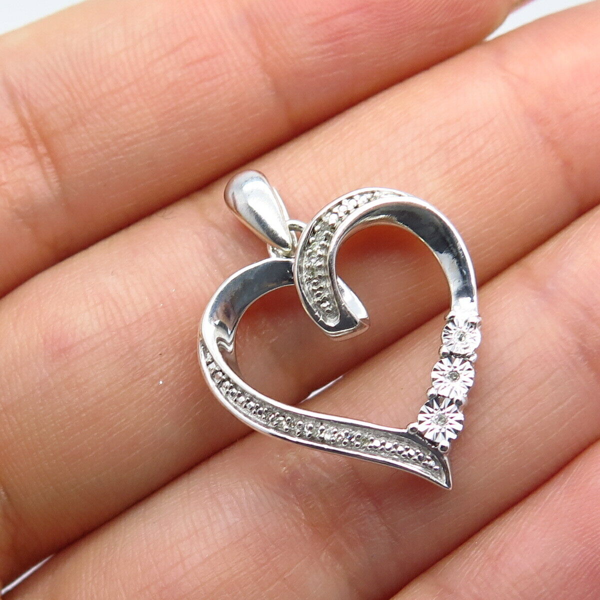 925 Sterling Silver Real White Diamond Open Heart Pendant