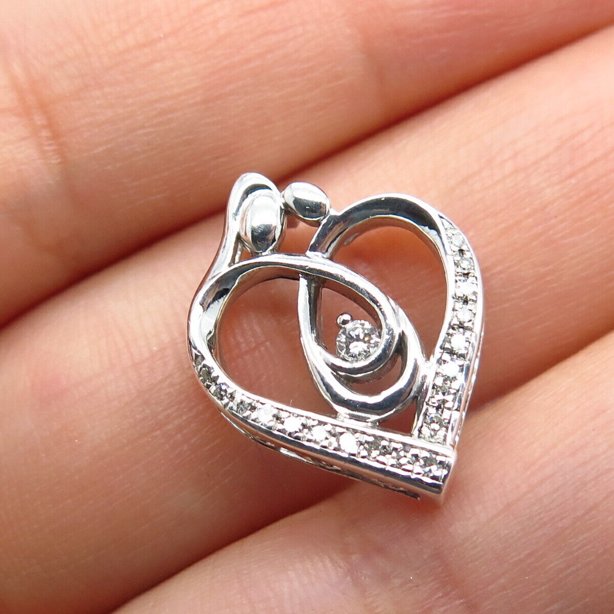 925 Sterling Silver Real White Diamond Mom & Baby Open Heart Slide Pendant