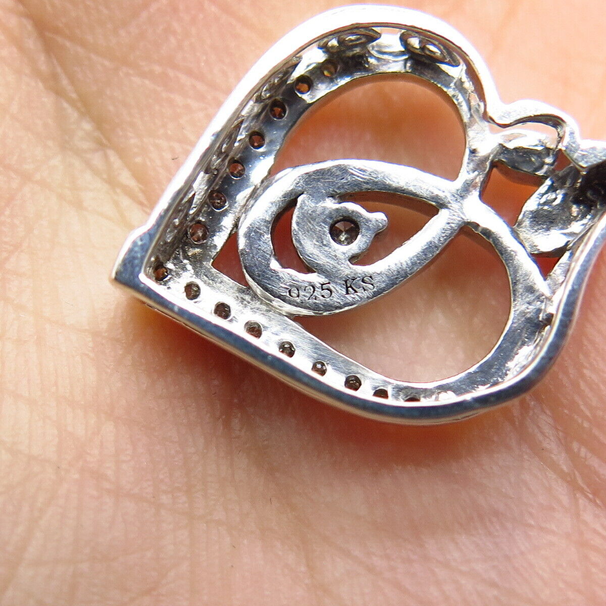 925 Sterling Silver Real White Diamond Mom & Baby Open Heart Slide Pendant