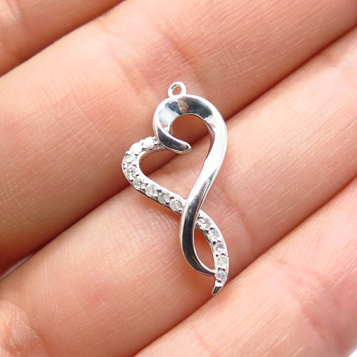 925 Sterling Silver Real White Diamond Twisted Open Heart Charm Pendant