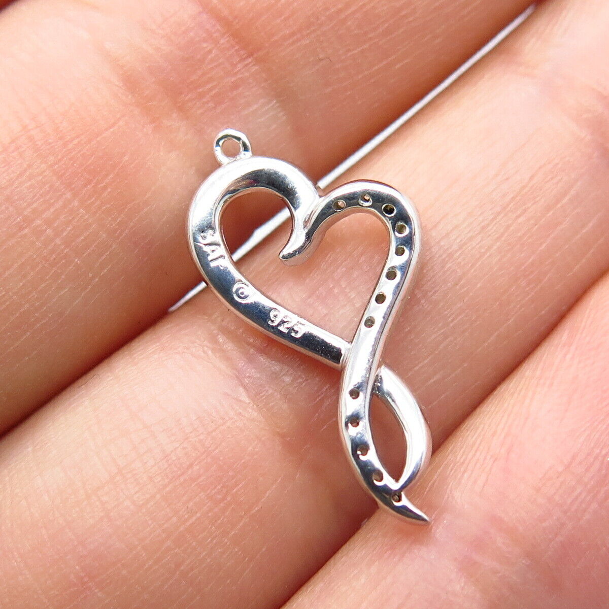 925 Sterling Silver Real White Diamond Twisted Open Heart Charm Pendant