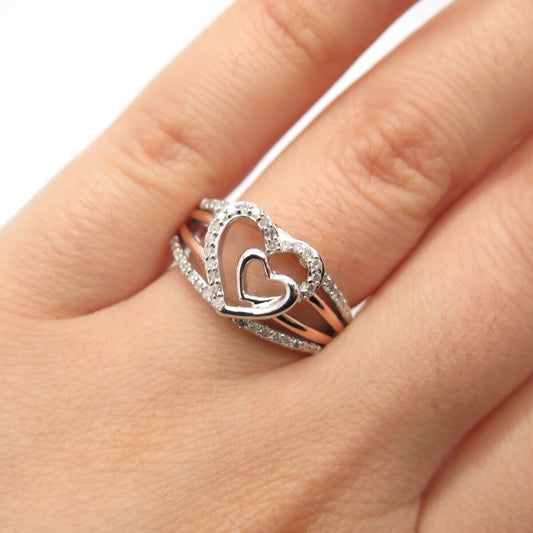 925 Sterling Silver 2-Tone SUN Real White Diamond Double Heart Ring Size 7