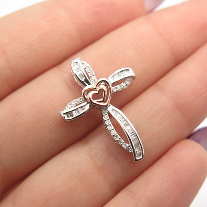 925 Sterling Silver 2-Tone SUN Real White Diamond Heart Cross Slide Pendant