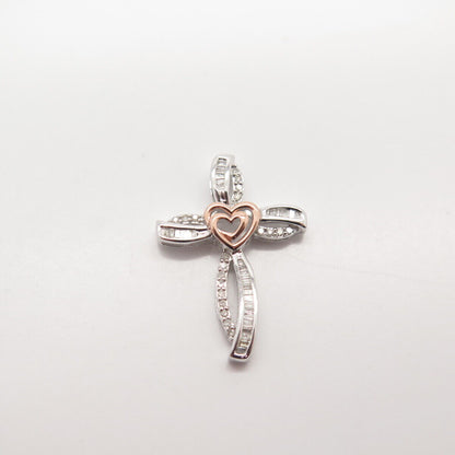 925 Sterling Silver 2-Tone SUN Real White Diamond Heart Cross Slide Pendant