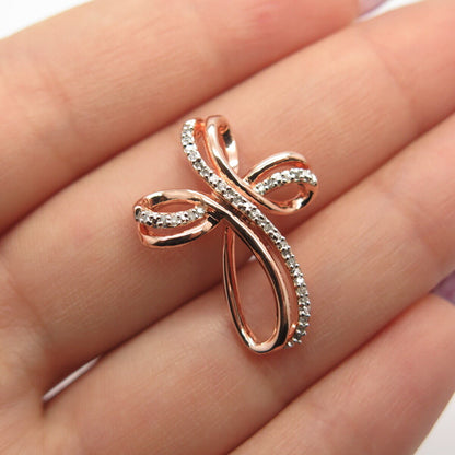 925 Sterling Silver Rose Gold Plated SUN Real White Diamond Cross Slide Pendant