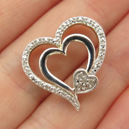 925 Sterling Silver Real Diamond Triple Open Heart Slide Pendant