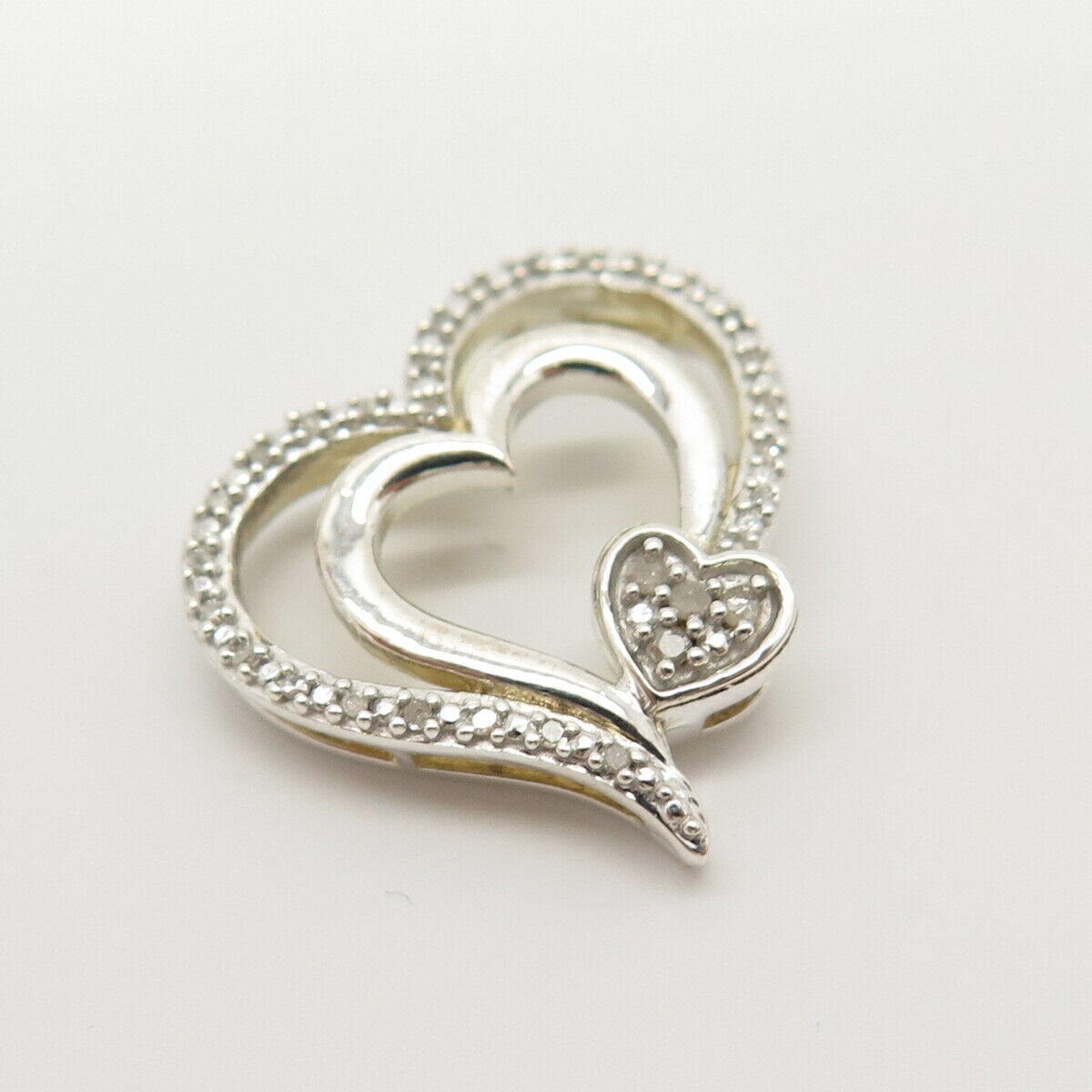 925 Sterling Silver Real Diamond Triple Open Heart Slide Pendant