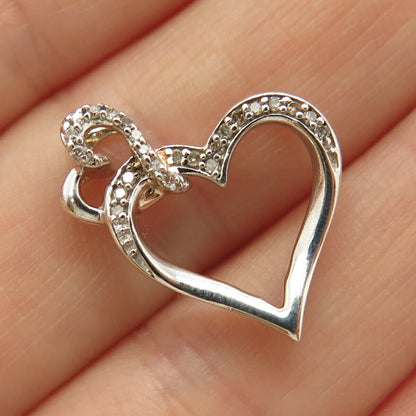 925 Sterling Silver Real Diamond Double Open Heart Slide Pendant