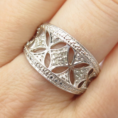 925 Sterling Silver Real Diamonds Open-Work Floral Ring