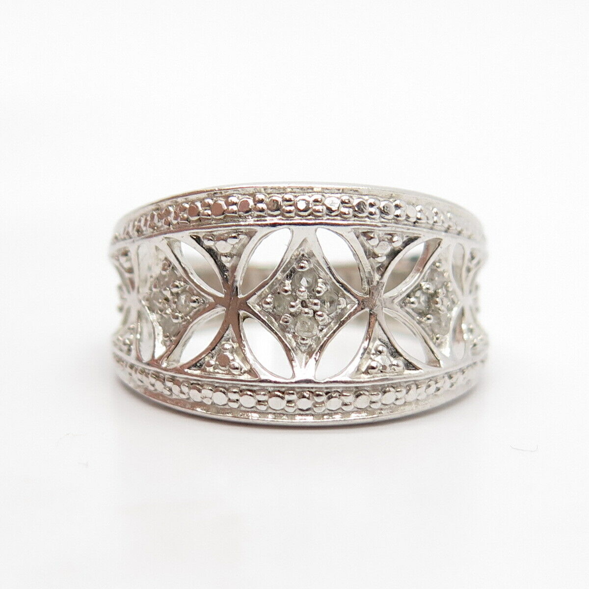 925 Sterling Silver Real Diamonds Open-Work Floral Ring