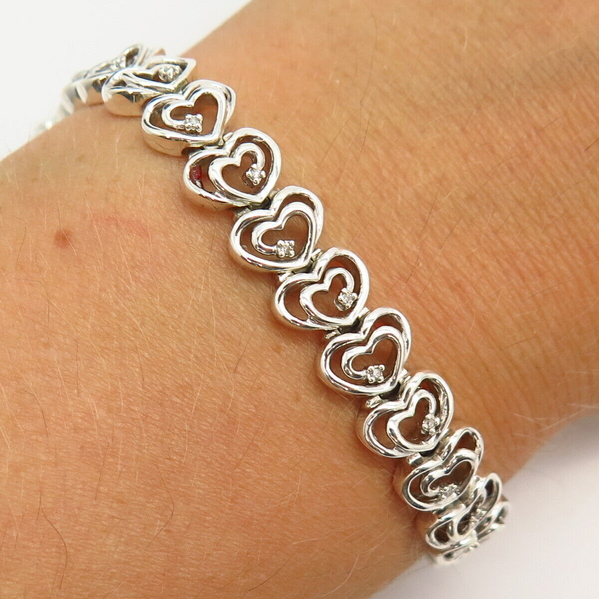 925 Sterling Silver Real Diamond Heart Design Link Bracelet 7 1/4"