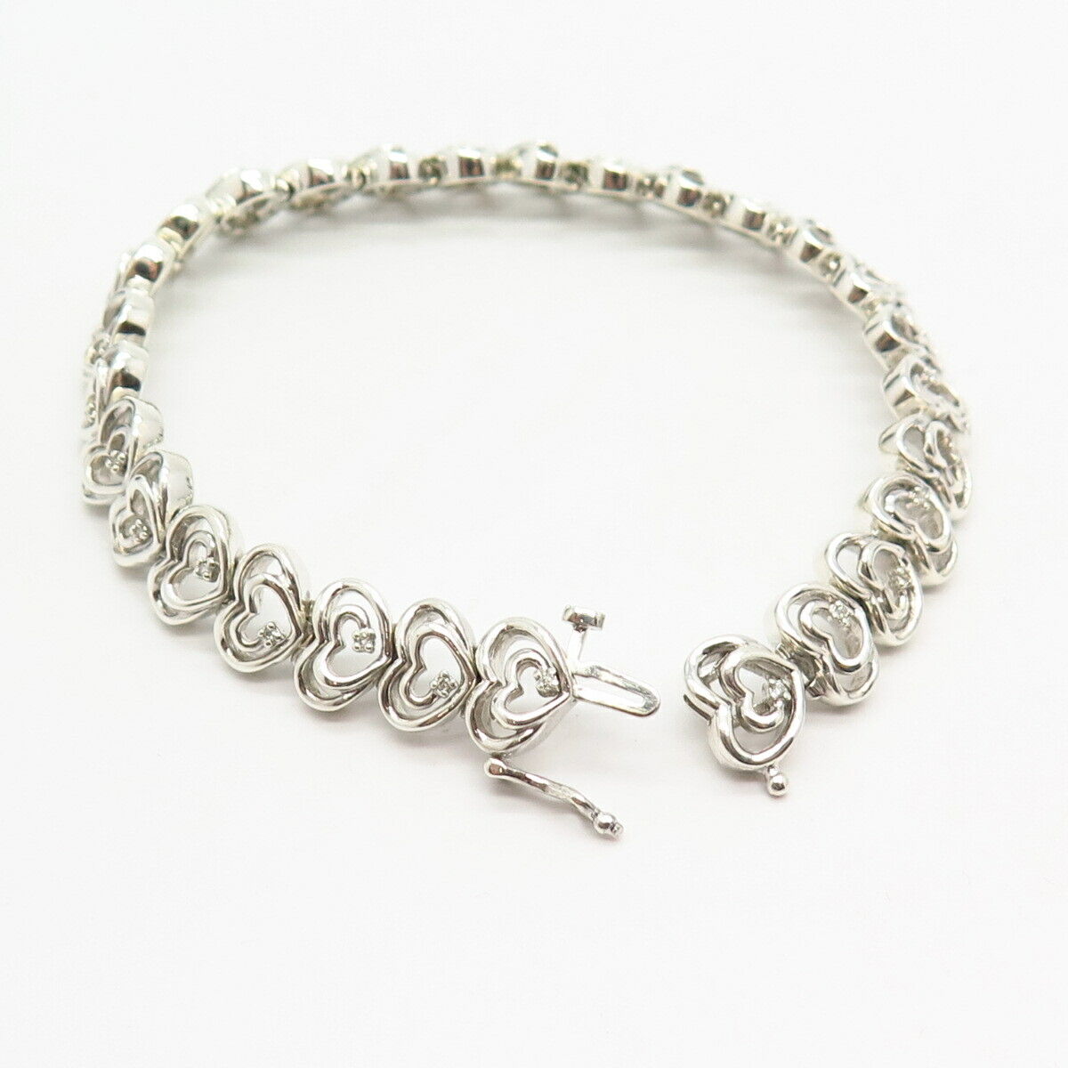 925 Sterling Silver Real Diamond Heart Design Link Bracelet 7 1/4"