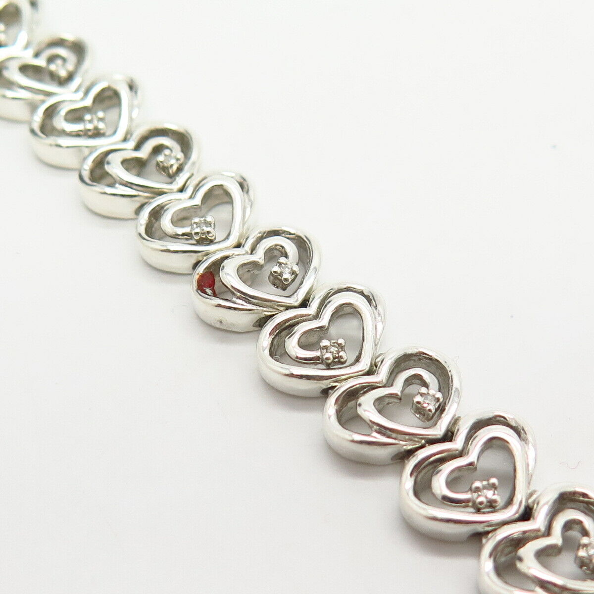 925 Sterling Silver Real Diamond Heart Design Link Bracelet 7 1/4"