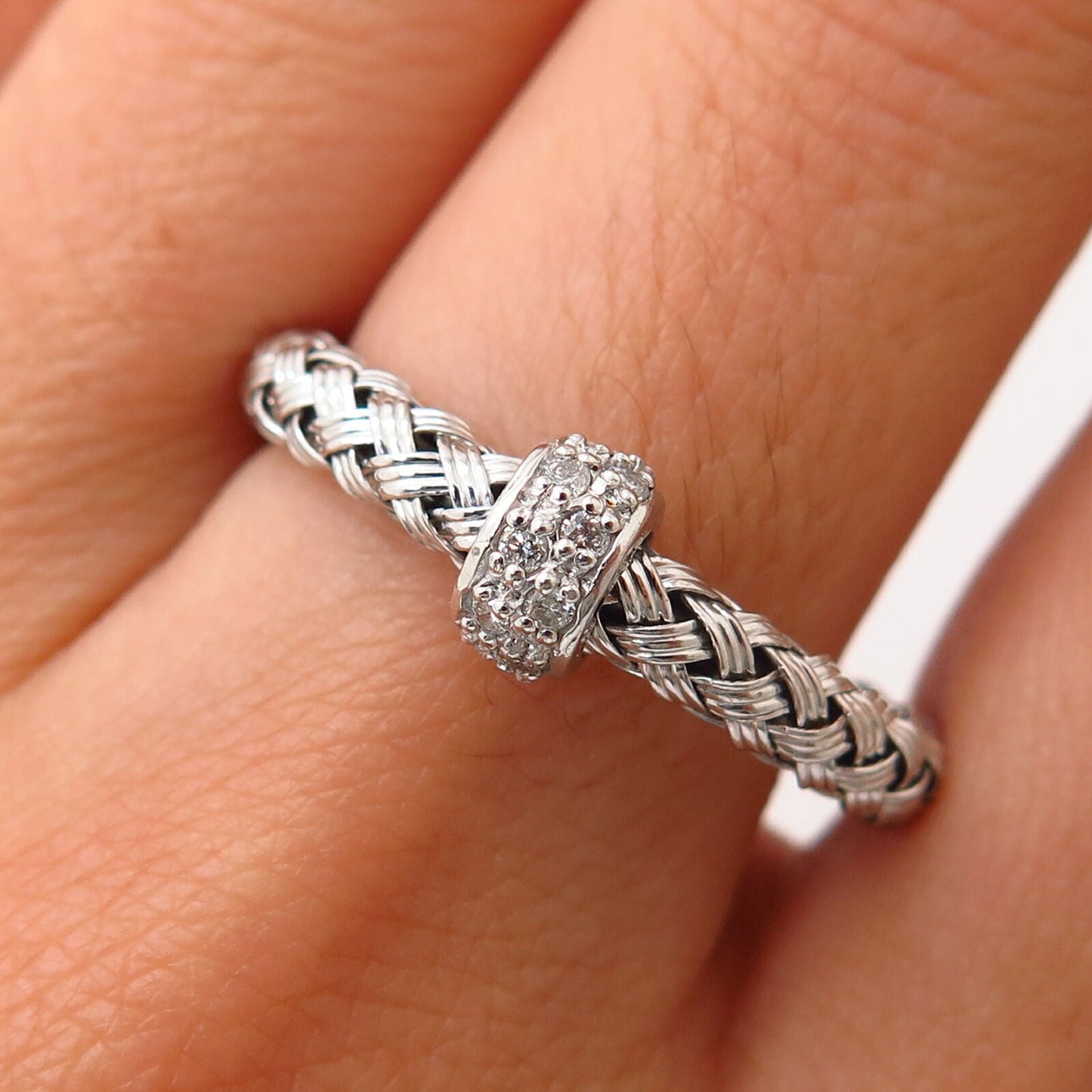 925 Sterling Silver Real Diamond Woven Design Ring Size 5 3/4