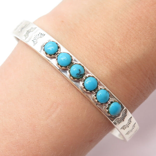 925 Sterling Silver Vintage Real Turquoise Beaded Adjustable Cuff Bracelet 6"