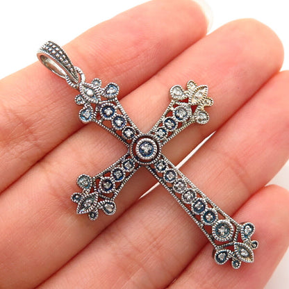 925 Sterling Silver Genuine Diamond Ornate Filigree Cross Design Pendant