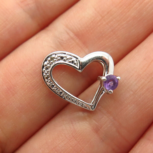 925 Sterling Silver Real Diamond Accent & Amethyst Gem Open Heart Slide Pendant