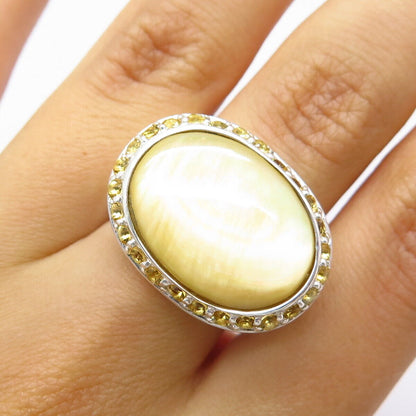 925 Sterling Silver Real Mother-of-Pearl & Citrine Gemstone Ring Size 8.25