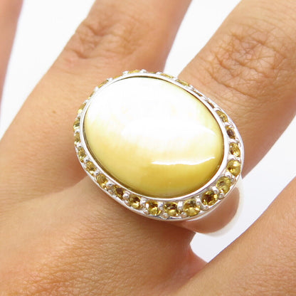 925 Sterling Silver Real Mother-of-Pearl & Citrine Gemstone Ring Size 8.25