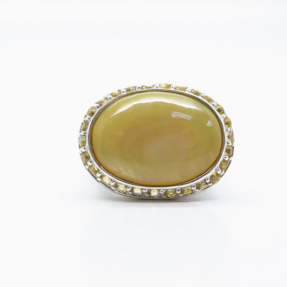 925 Sterling Silver Real Mother-of-Pearl & Citrine Gemstone Ring Size 8.25