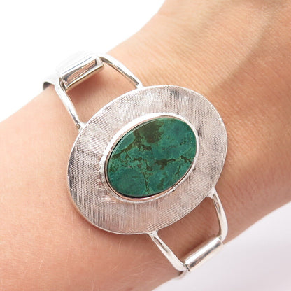 925 Sterling Silver Vintage Real Chrysocolla Gem Textured Bangle Bracelet 6.5"