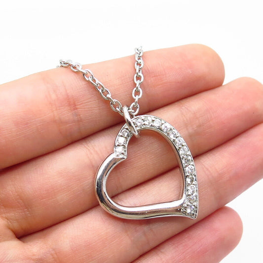 925 Sterling Silver C Z Open Heart Pendant Rolo Chain Necklace 18"