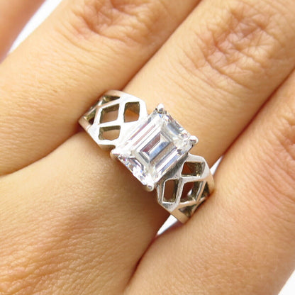 925 Sterling Silver Vintage Emerald-Cut C Z Cage Ring Size 6.25