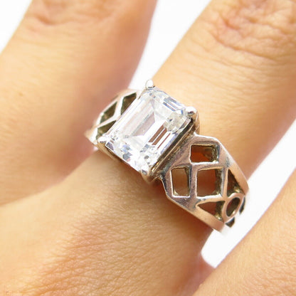 925 Sterling Silver Vintage Emerald-Cut C Z Cage Ring Size 6.25