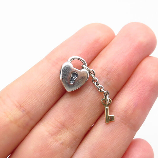 925 Sterling Silver / Gold Pandora Heart & Key Bead Charm