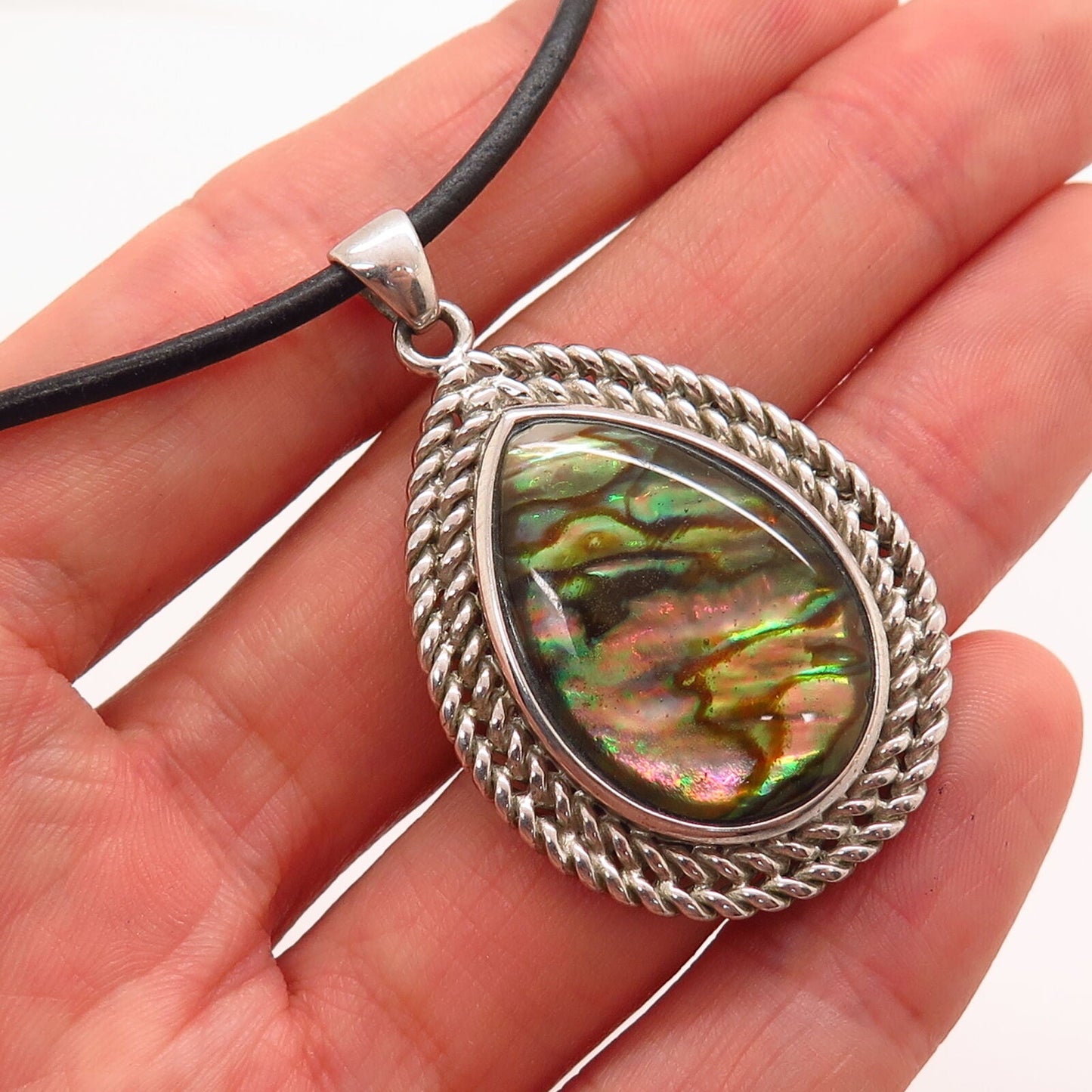 925 Sterling Silver Real Abalone Pendant Cord Necklace 17"