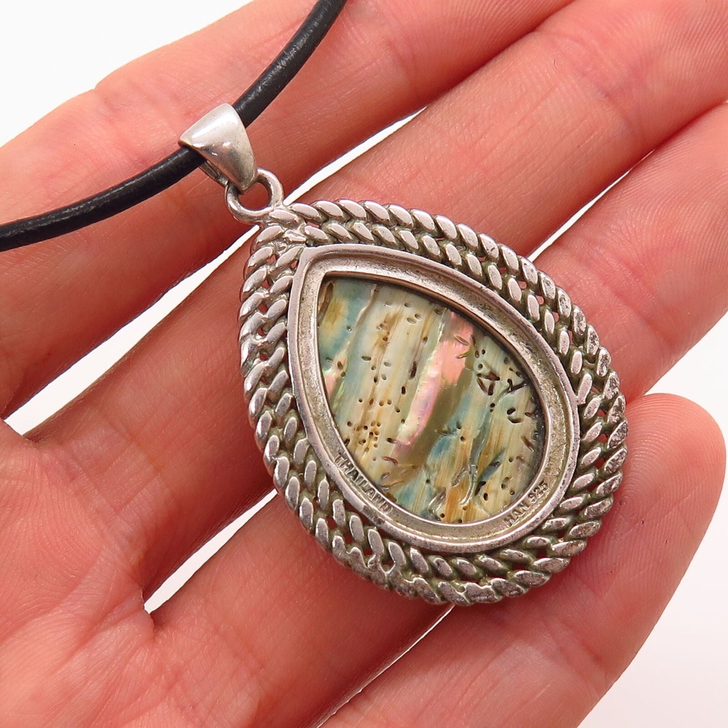 925 Sterling Silver Real Abalone Pendant Cord Necklace 17"