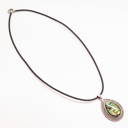 925 Sterling Silver Real Abalone Pendant Cord Necklace 17"