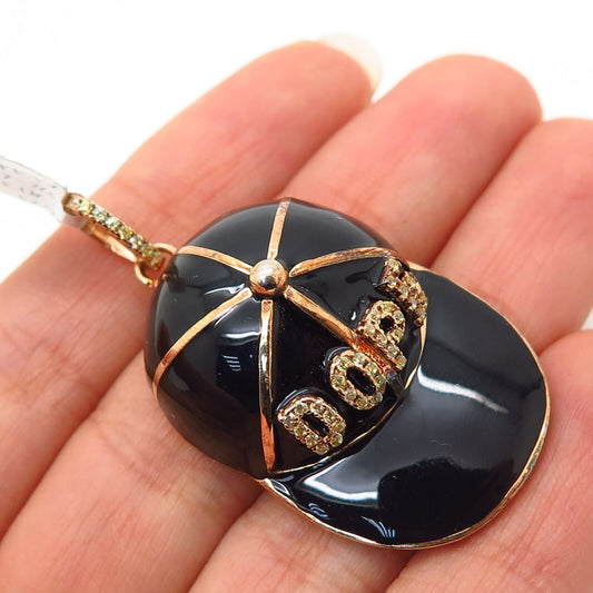 925 Sterling Silver Gold Plated Swarovski Crystal & Enamel Cap Design Pendant