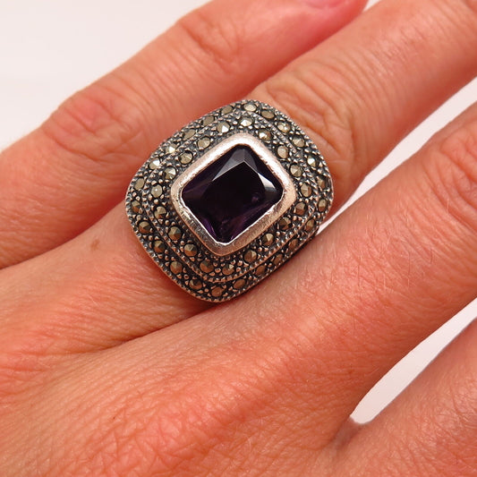 925 Sterling Silver Real Marcasite & Amethyst Gemstone Ring Size 4 3/4