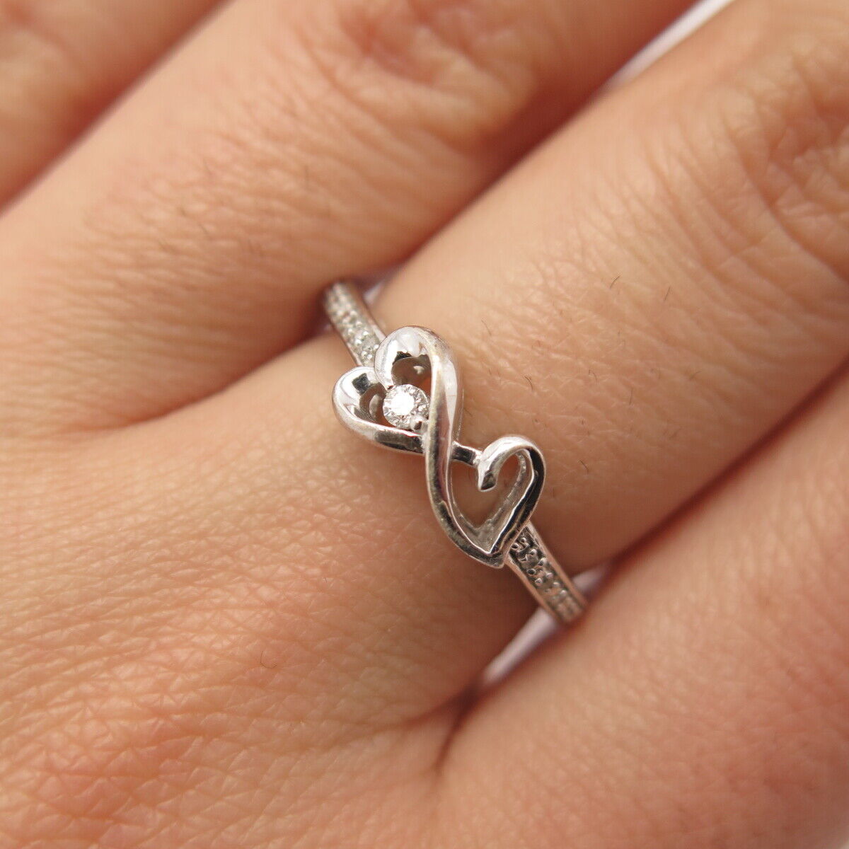 925 Sterling Silver Real White Diamond Infinity Double Heart Ring Size 7