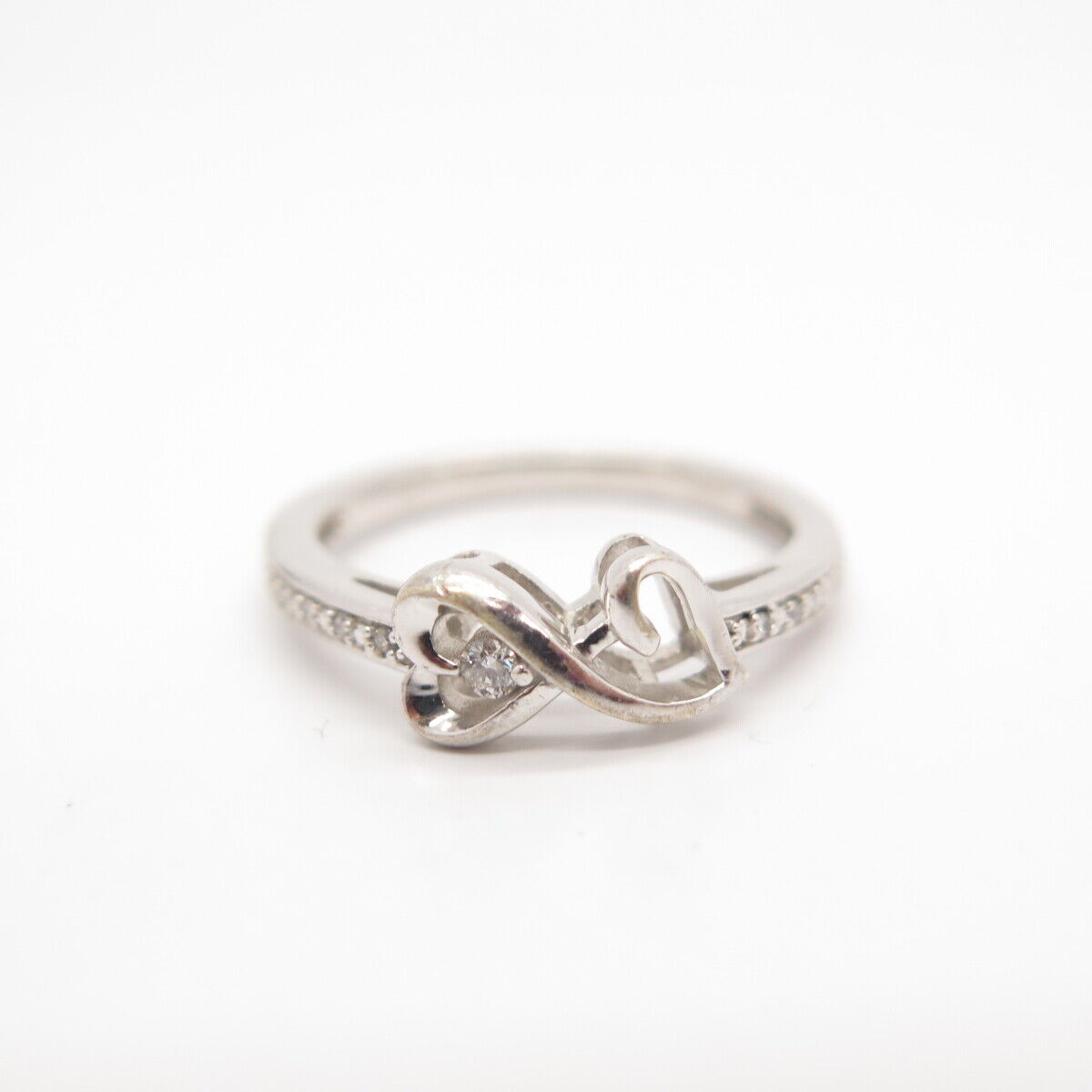 925 Sterling Silver Real White Diamond Infinity Double Heart Ring Size 7