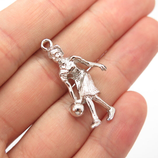 925 Sterling Silver Vintage Bowling Girl Pendant