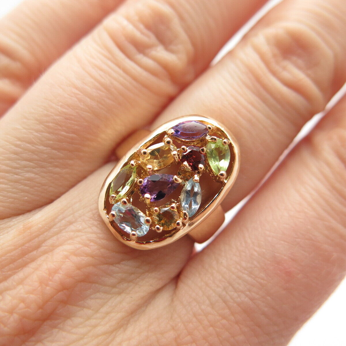 925 Sterling Silver Gold Plated Real Multi-Color Gem Oval Ring Size 6.25