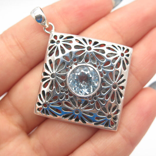 925 Sterling Silver Vintage Real Blue Topaz Gem Floral Cutout Pendant