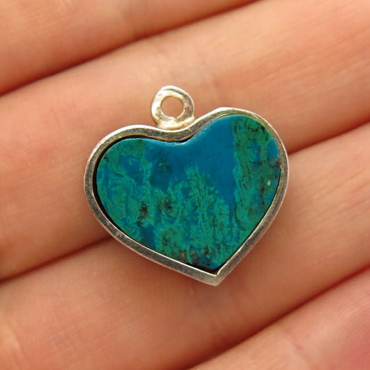 925 Sterling Silver Real Chrysocolla Gem Heart Design Pendant