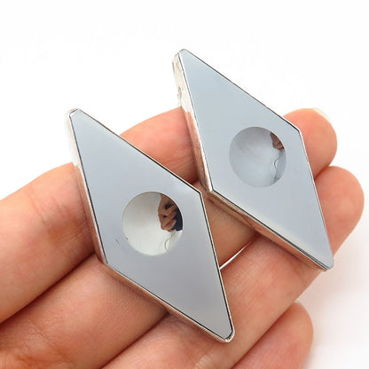 925 Sterling Silver Vintage Europe Real Hematite Gem Rhombus Design Earrings