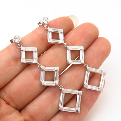 925 Sterling Silver C Z Rhombus Design Long Dangling Earrings