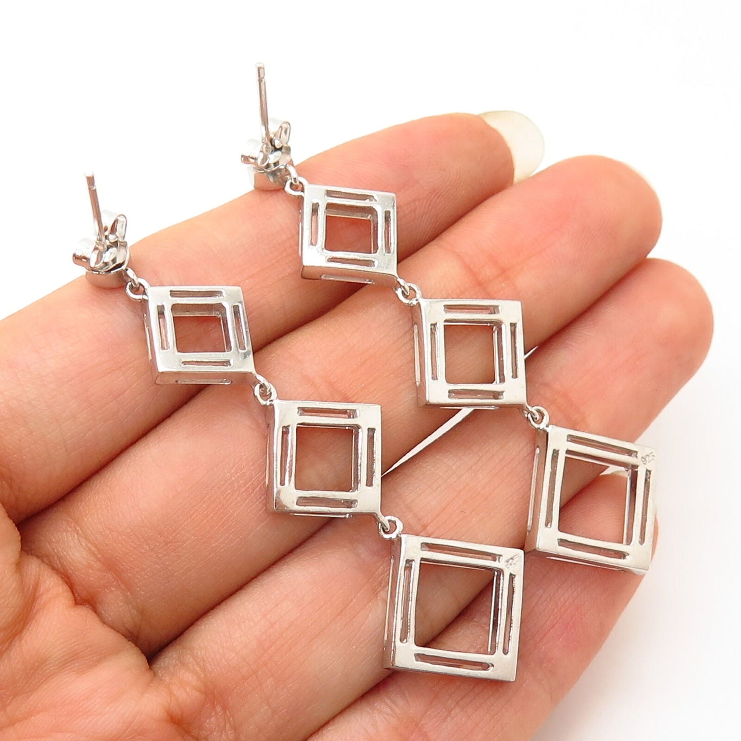 925 Sterling Silver C Z Rhombus Design Long Dangling Earrings